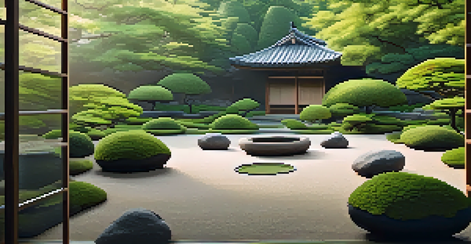 A tranquil Japanese Zen garden with raked gravel and bonsai trees illuminated by morning light.