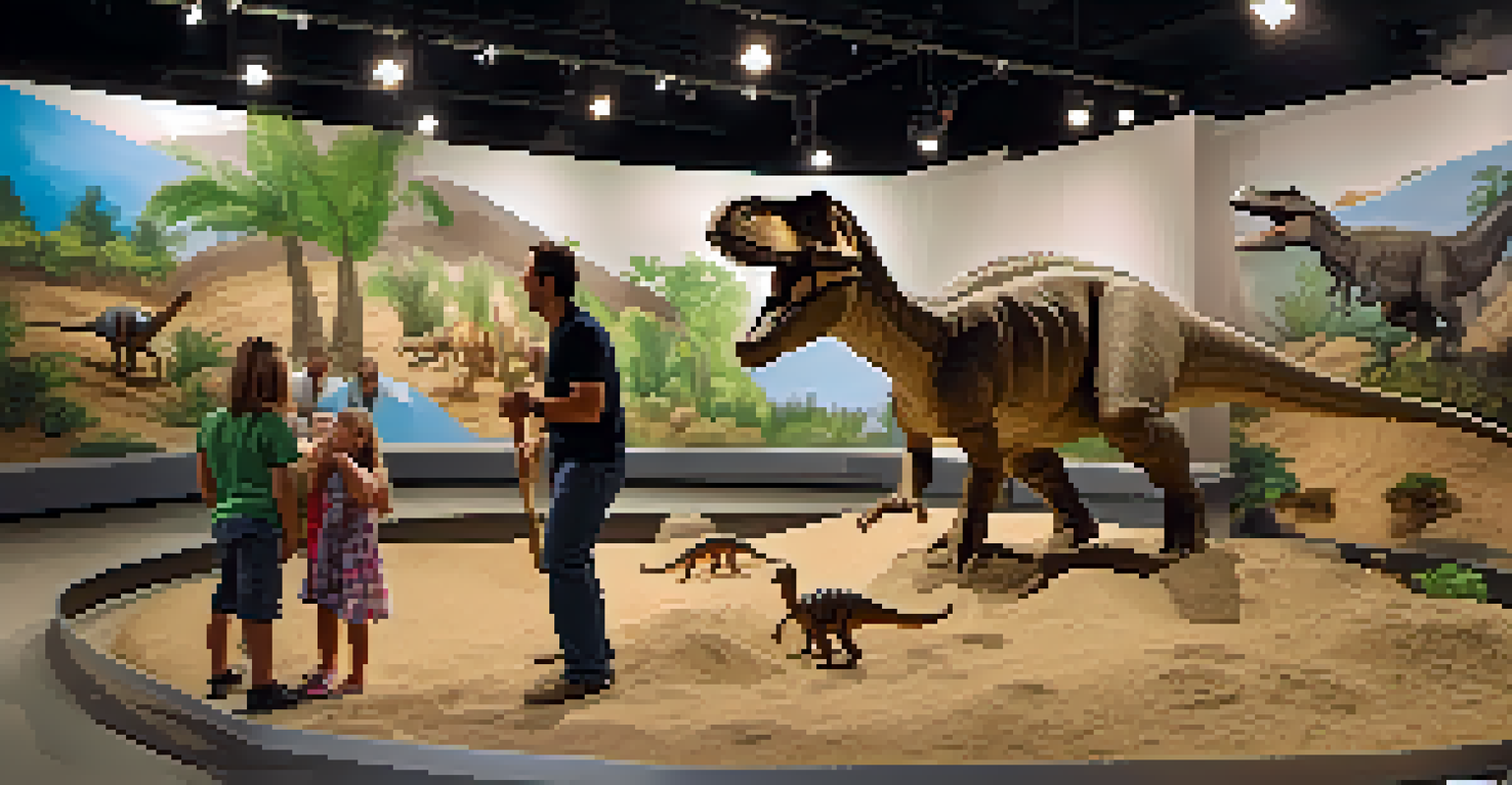 A family enjoying a dinosaur exhibit in a museum, with children digging for fossils.