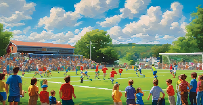 Families cheering on a small-town soccer match on a sunny day, with colorful banners and a lush green field.