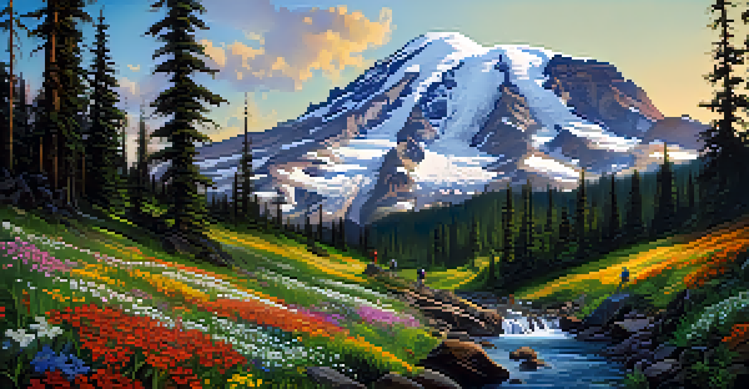 Hikers on a scenic trail at Mount Rainier National Park, with wildflowers in the foreground and a snow-capped mountain towering above.