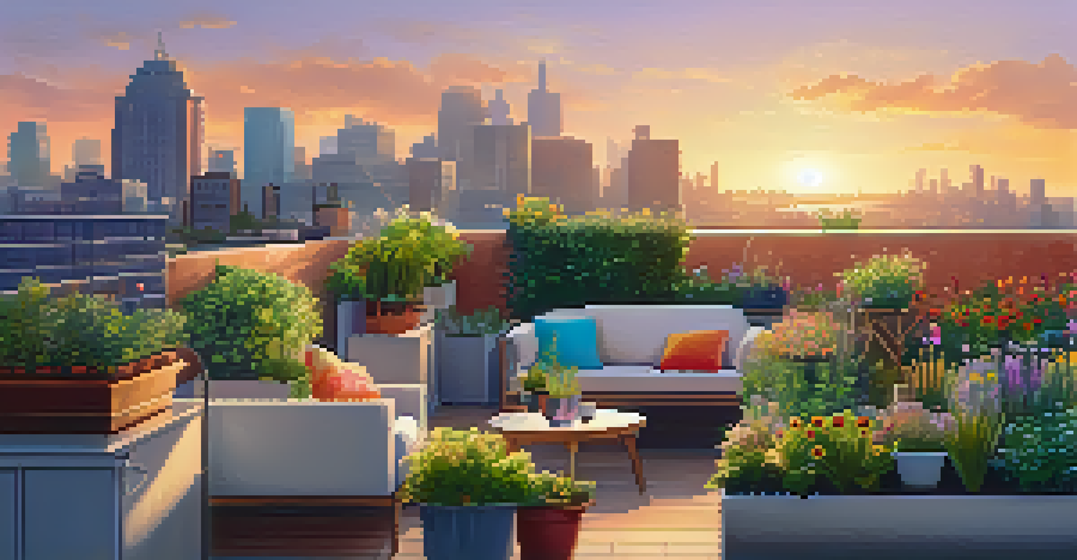A serene rooftop garden with potted plants and a view of the city skyline during sunset.