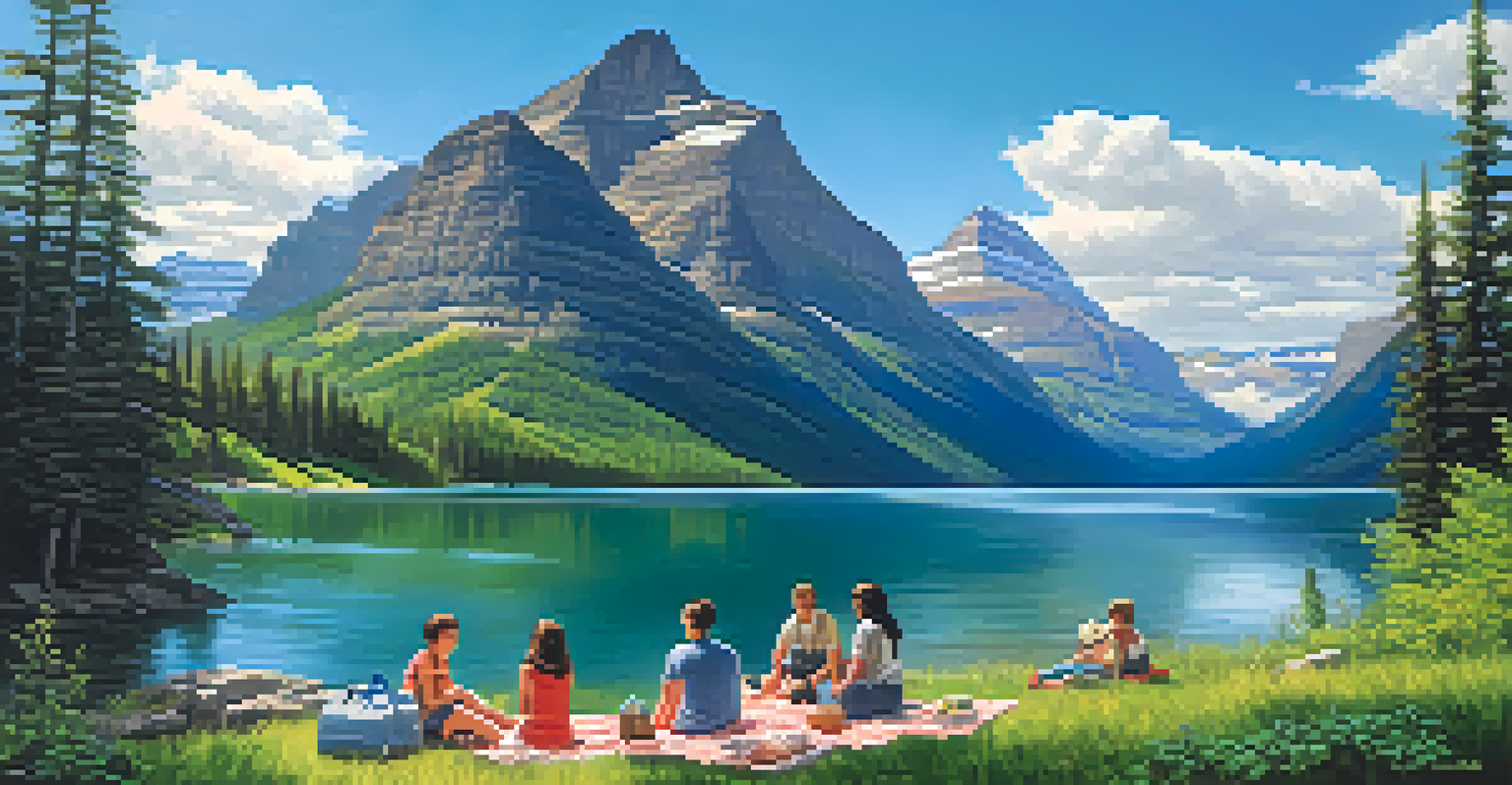 A family enjoying a picnic by a clear glacial lake surrounded by towering mountains on the Going-to-the-Sun Road in Glacier National Park.
