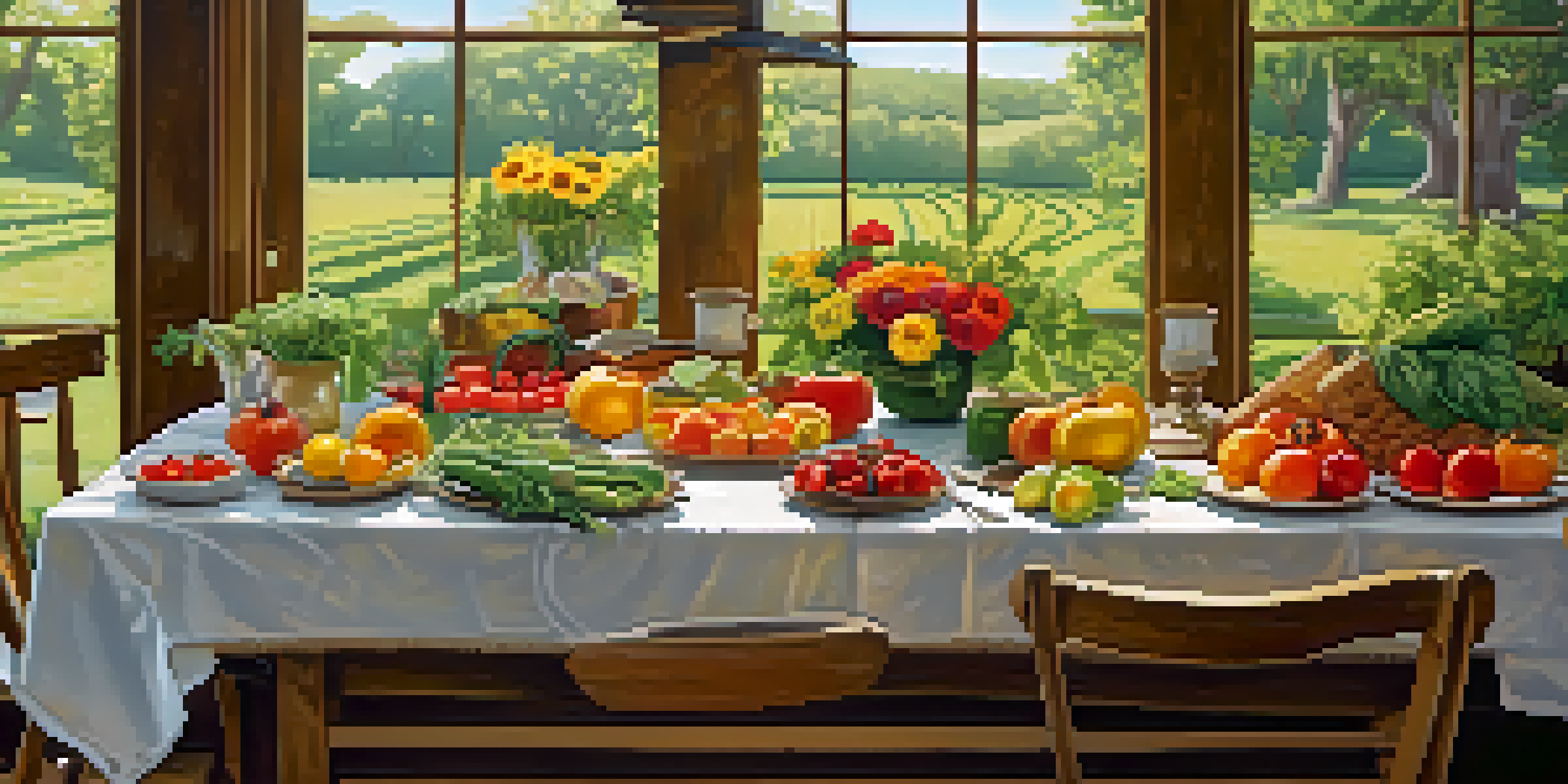 An outdoor dining table filled with fresh vegetables and fruits, surrounded by greenery and soft sunlight.