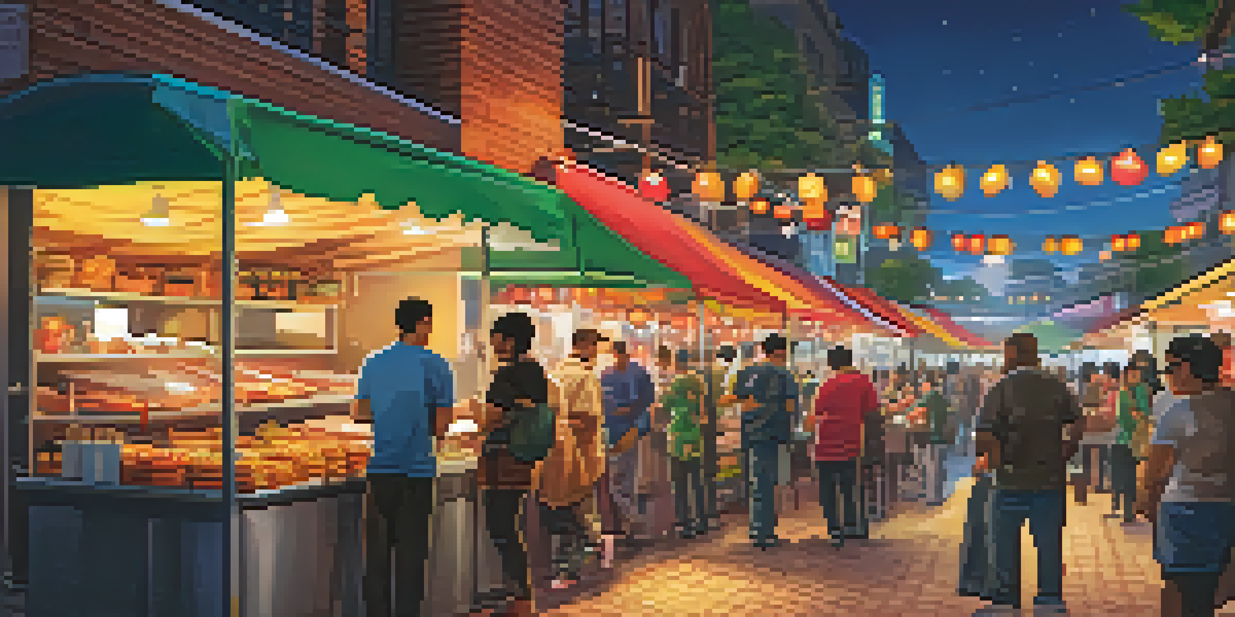 A bustling night market filled with colorful food stalls, vendors serving various street foods, and a lively crowd enjoying the culinary offerings.
