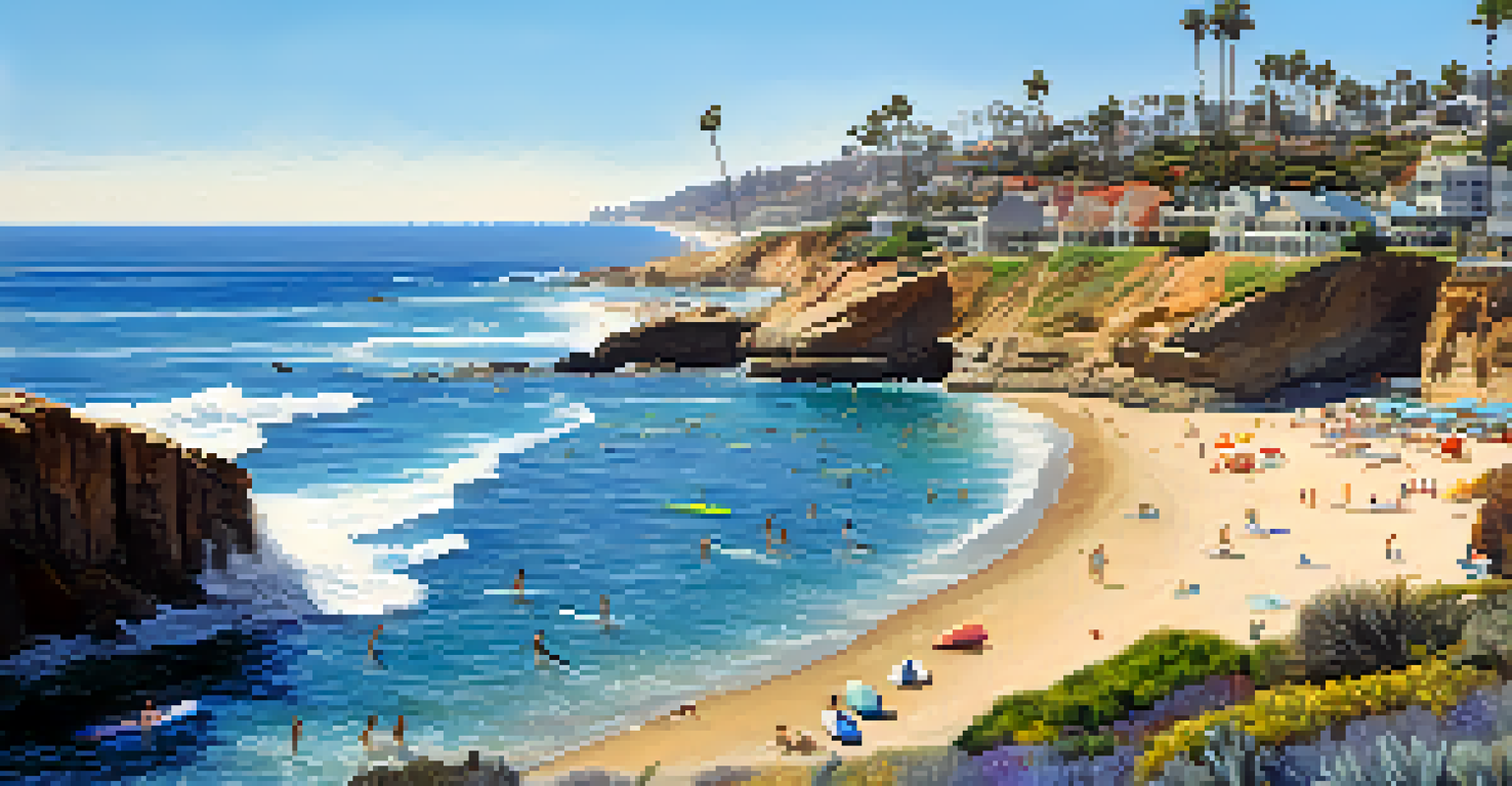Surfers and paddleboarders enjoying the sunny coastline of San Diego, California, with cliffs in the background.