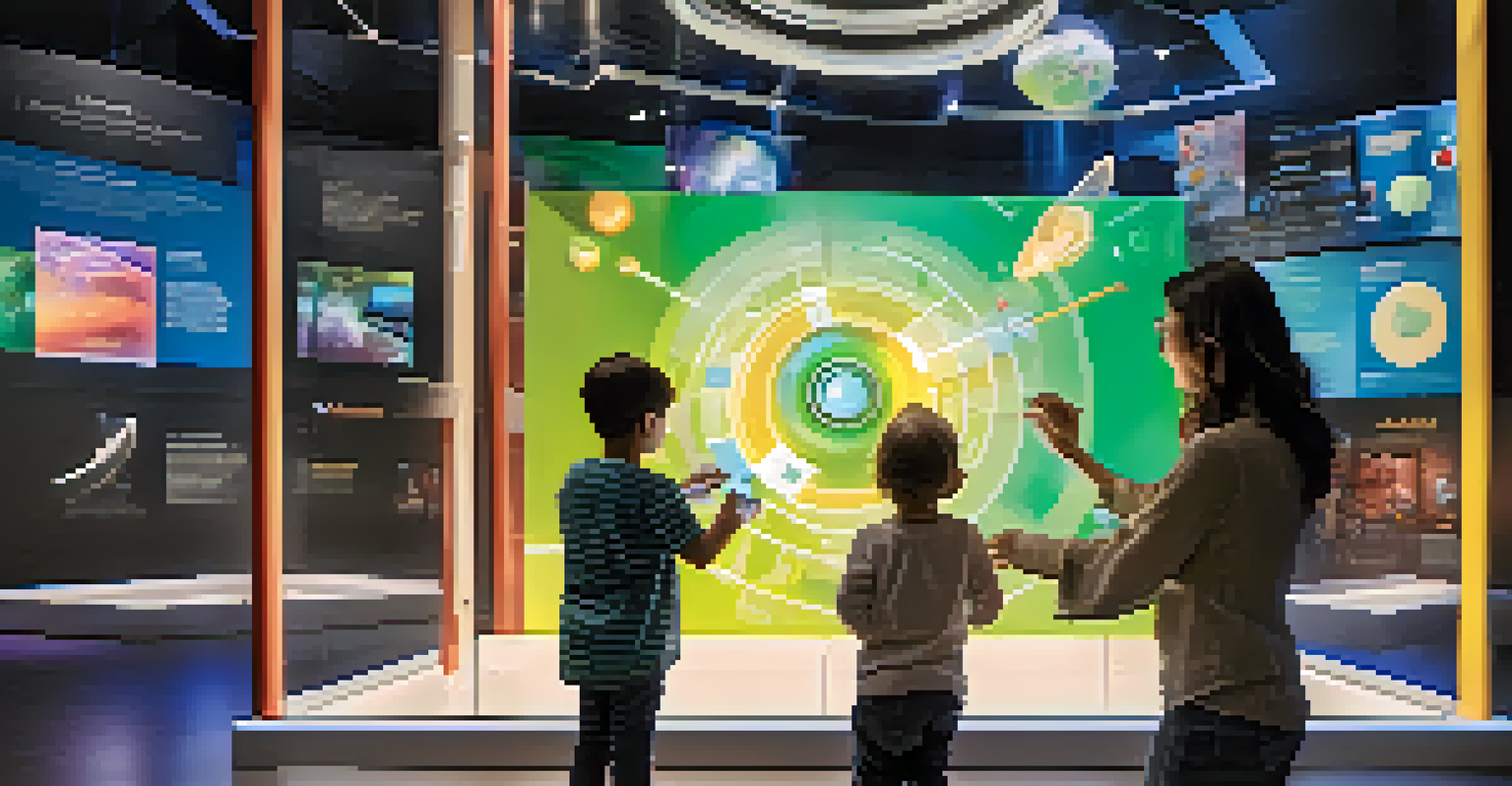 An adult and child interacting with a technology display at a science museum, using augmented reality.