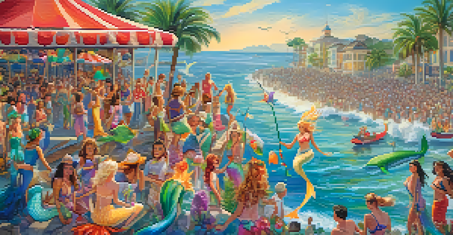 A lively mermaid festival at the beach with colorful costumes, decorations, and joyful participants celebrating in a coastal town.
