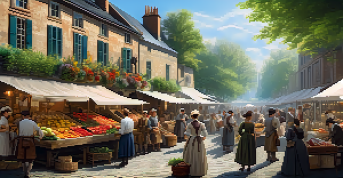 A vibrant 18th-century marketplace with merchants and customers in period clothing, showcasing colorful stalls and a lively atmosphere.