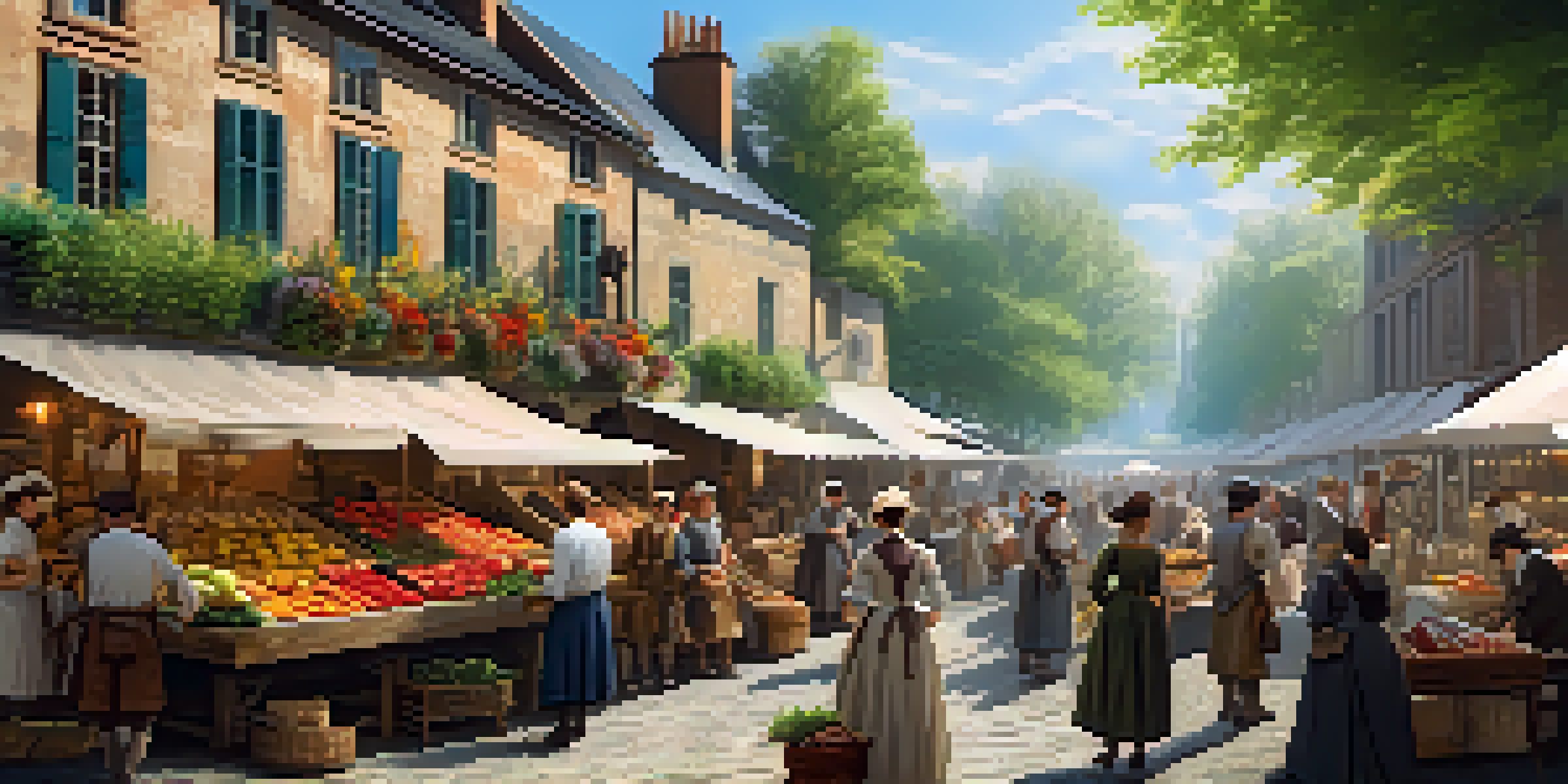 A vibrant 18th-century marketplace with merchants and customers in period clothing, showcasing colorful stalls and a lively atmosphere.