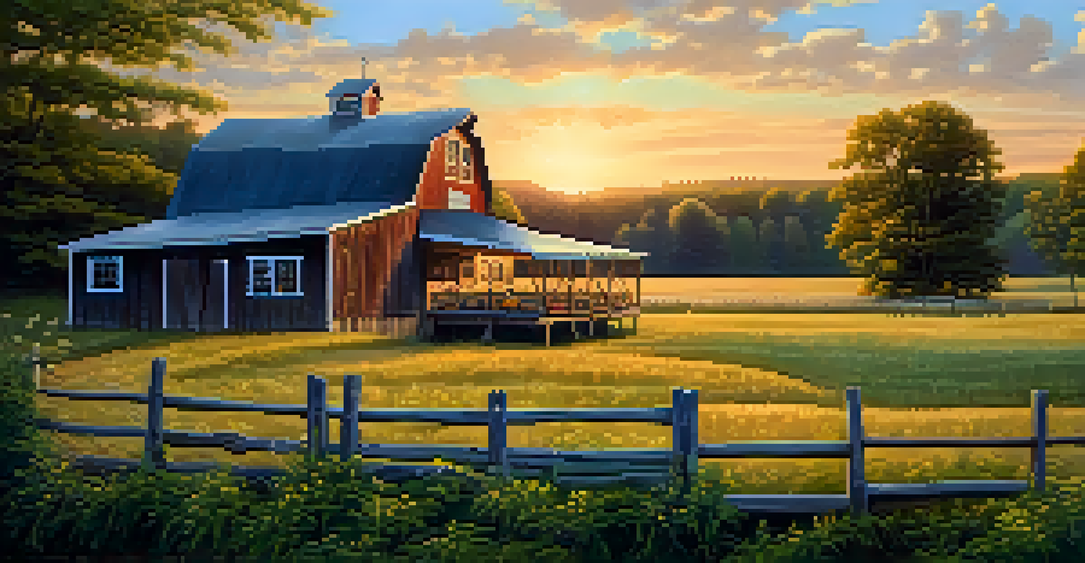 A rustic barn with a blueberry pie on a porch, surrounded by blooming fields and a warm sunset.