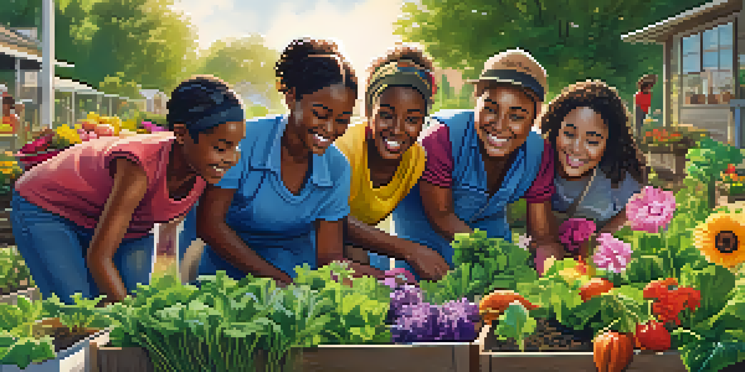 A diverse group of travelers working together in a community garden, planting flowers and vegetables under a sunny sky.