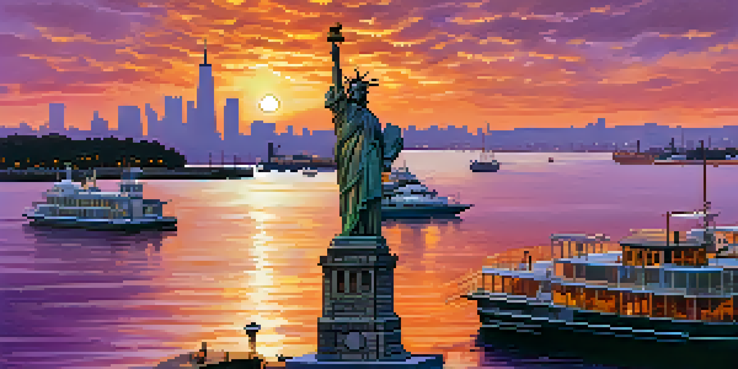 A view of the Statue of Liberty at sunset, with colorful skies and gentle waves in the harbor.