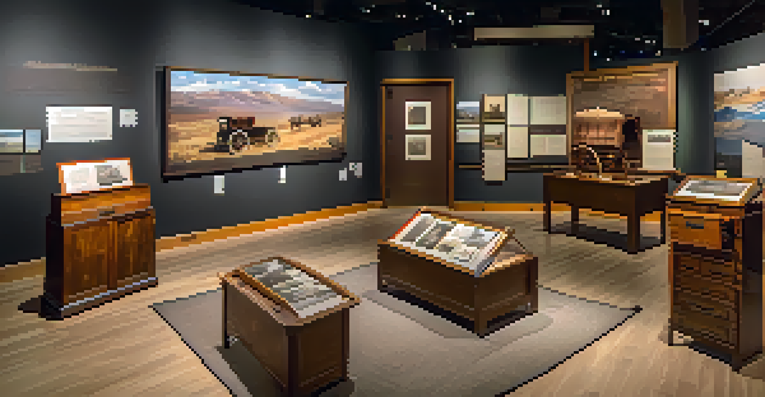 An educational exhibit in an Oregon Trail museum displaying artifacts and information about pioneers.
