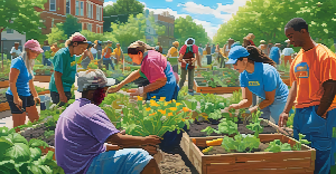 A diverse group of volunteers planting a community garden, with colorful flowers and vegetables, under a bright sky and surrounded by trees.
