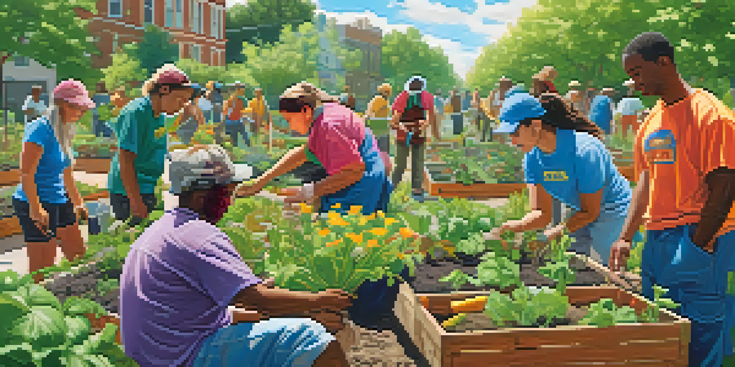 A diverse group of volunteers planting a community garden, with colorful flowers and vegetables, under a bright sky and surrounded by trees.