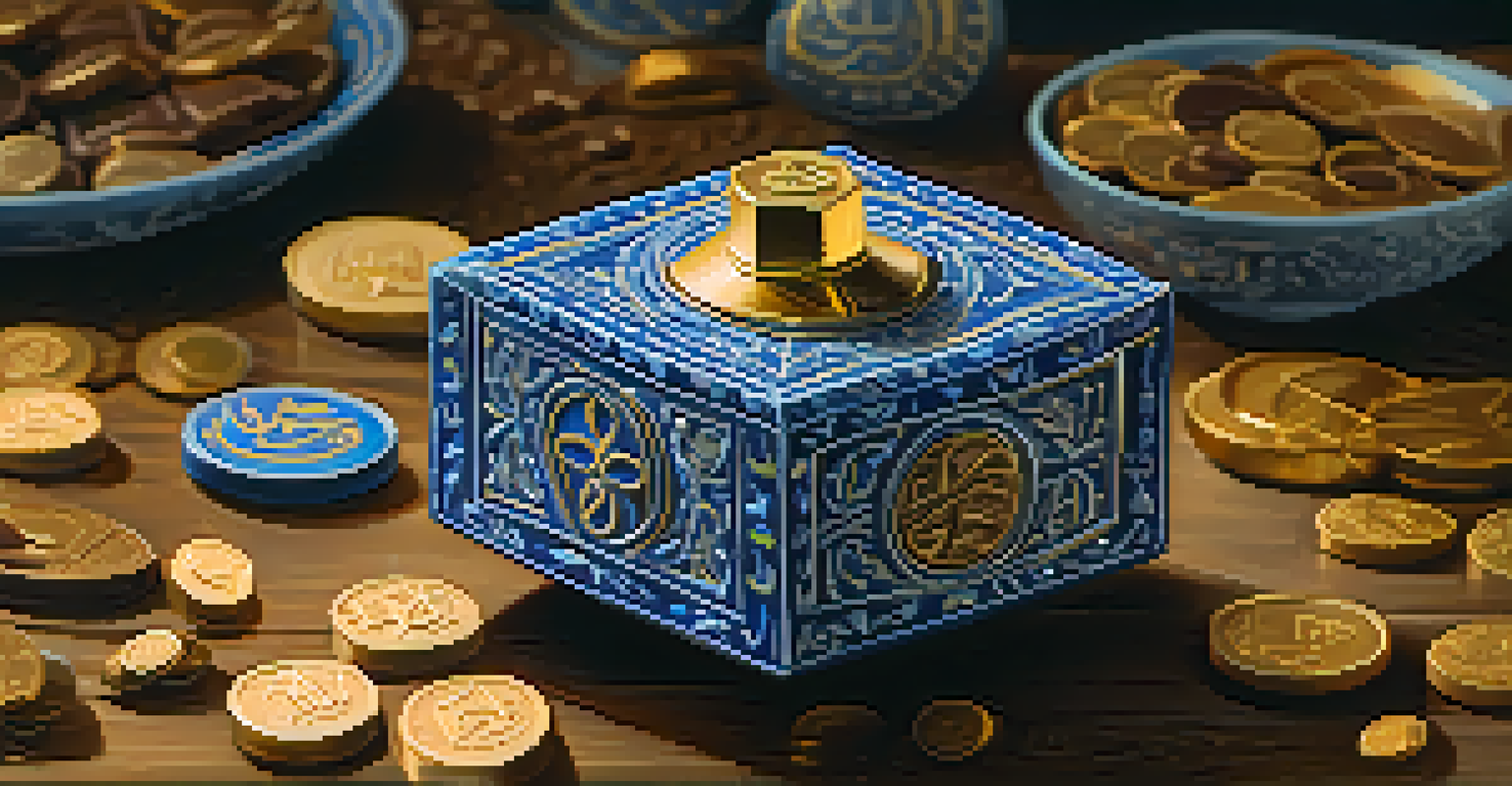 A close-up of a dreidel spinning on a table, surrounded by chocolate coins and decorations.