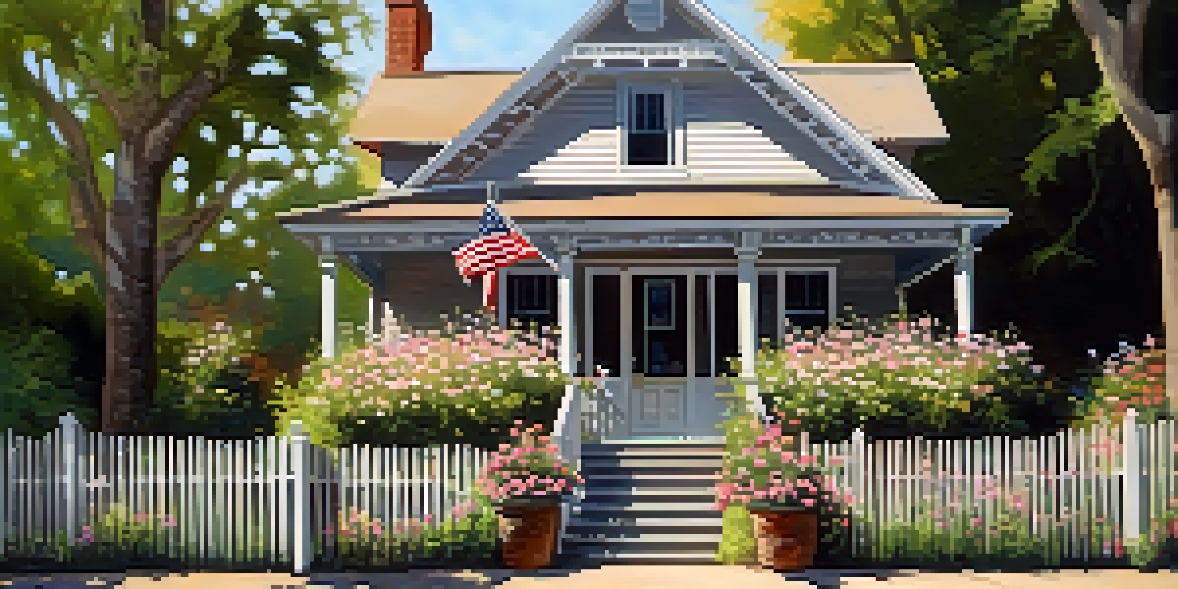A charming historical society building with a porch, surrounded by flowers and trees, bathed in sunlight.