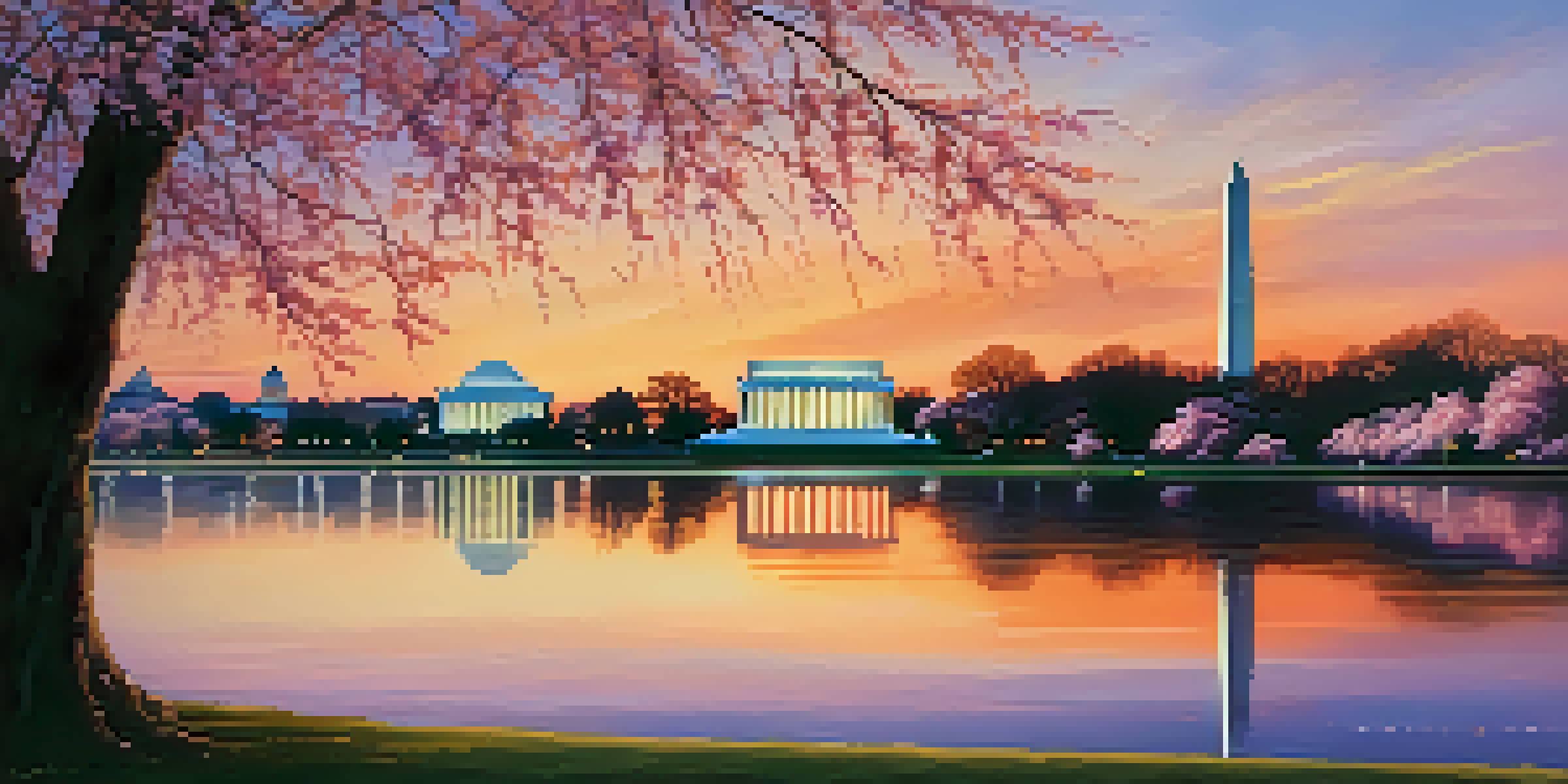 A sunset view of Washington, D.C. featuring the Lincoln Memorial and Washington Monument with cherry blossoms in the foreground.