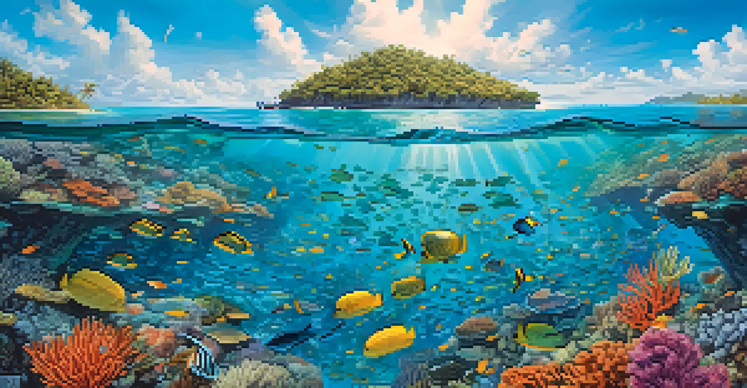 An aerial shot of a coral reef with kayakers above, showcasing clear waters and diverse marine life.