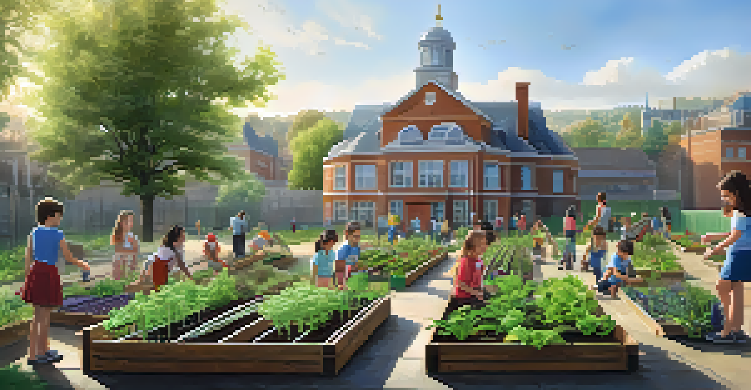 Children planting in an edible schoolyard garden, surrounded by herbs and vegetables, with their school building in the background.