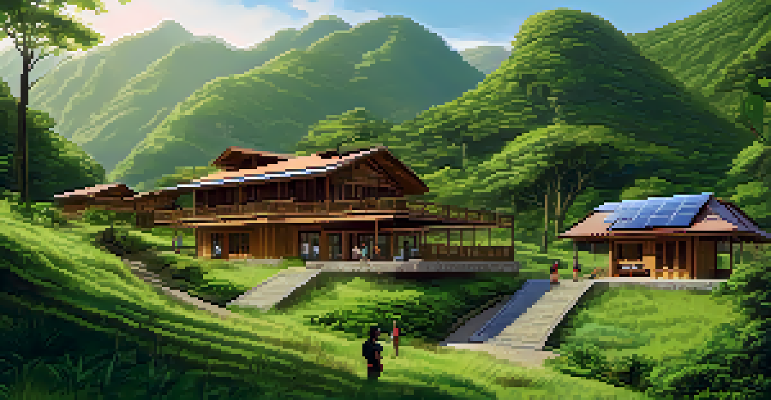 An eco-lodge in the mountains surrounded by greenery, with a local guide leading tourists on a nature walk.