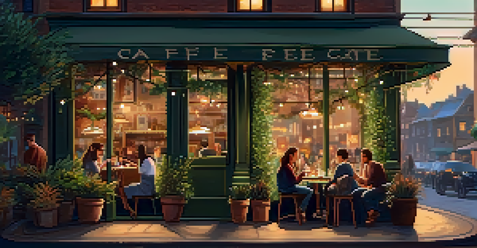 A charming café with fairy lights and potted plants, where patrons are enjoying beverages outside.