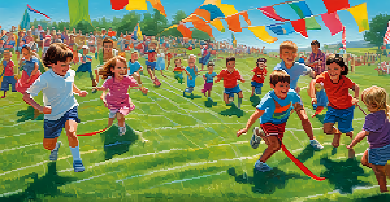 A dynamic family sports day with colorful activities and cheering participants on a sunny day in a grassy field.