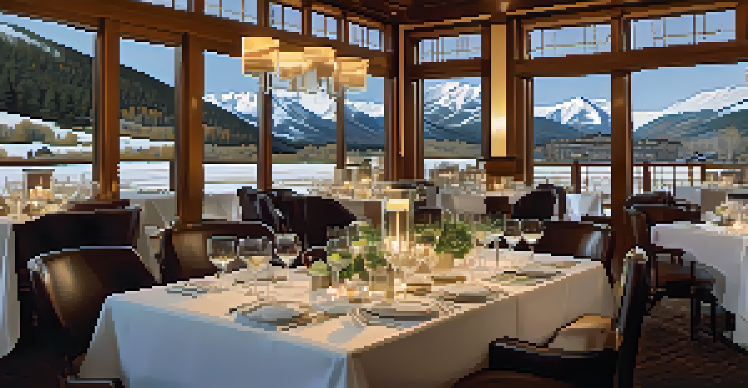 An elegant dining scene in Aspen with gourmet food and a view of the snowy slopes.