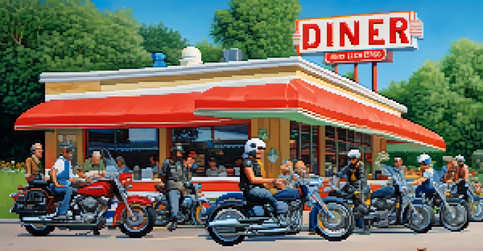 Motorcyclists relaxing at a roadside diner, surrounded by greenery and their parked bikes.
