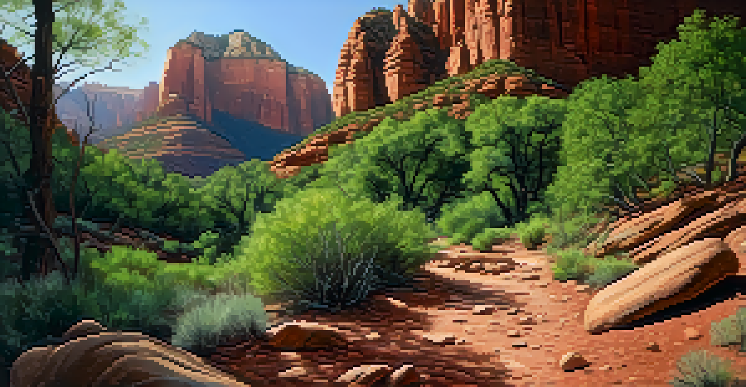 A tranquil hiking trail in Sedona, Arizona, showing a green canyon with a creek and red rock cliffs, illuminated by soft sunlight.