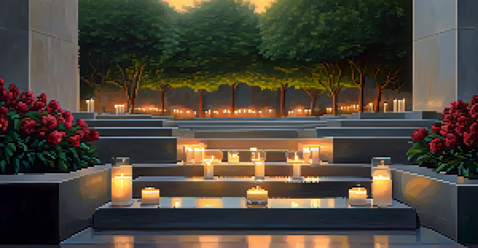The AIDS Memorial in West Hollywood with flowers and candles, creating a peaceful atmosphere for reflection.