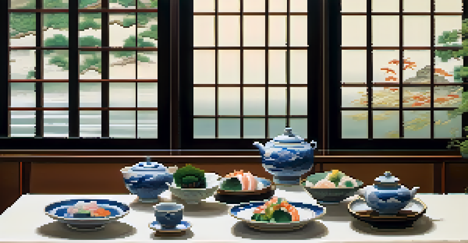 A beautifully arranged kaiseki meal in an elegant Japanese dining setting, showcasing seasonal ingredients and traditional ceramics, illuminated by natural light.