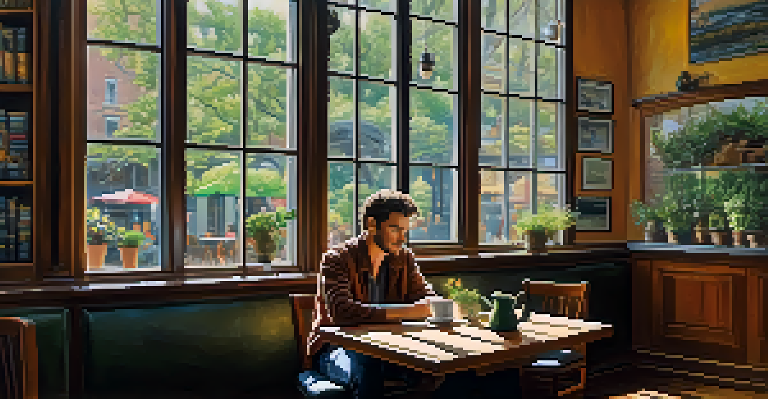 A solo traveler in a cozy coffee shop, reading a travel guidebook with a cup of coffee on the table.