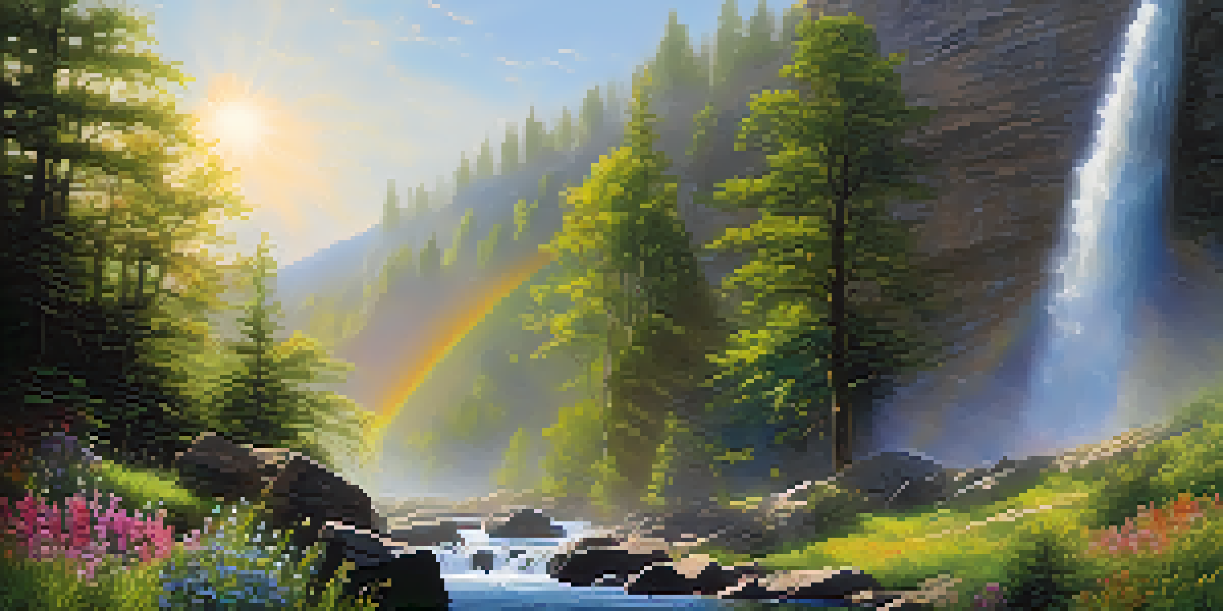 A beautiful waterfall surrounded by trees and colorful wildflowers, with sunlight creating a rainbow mist.