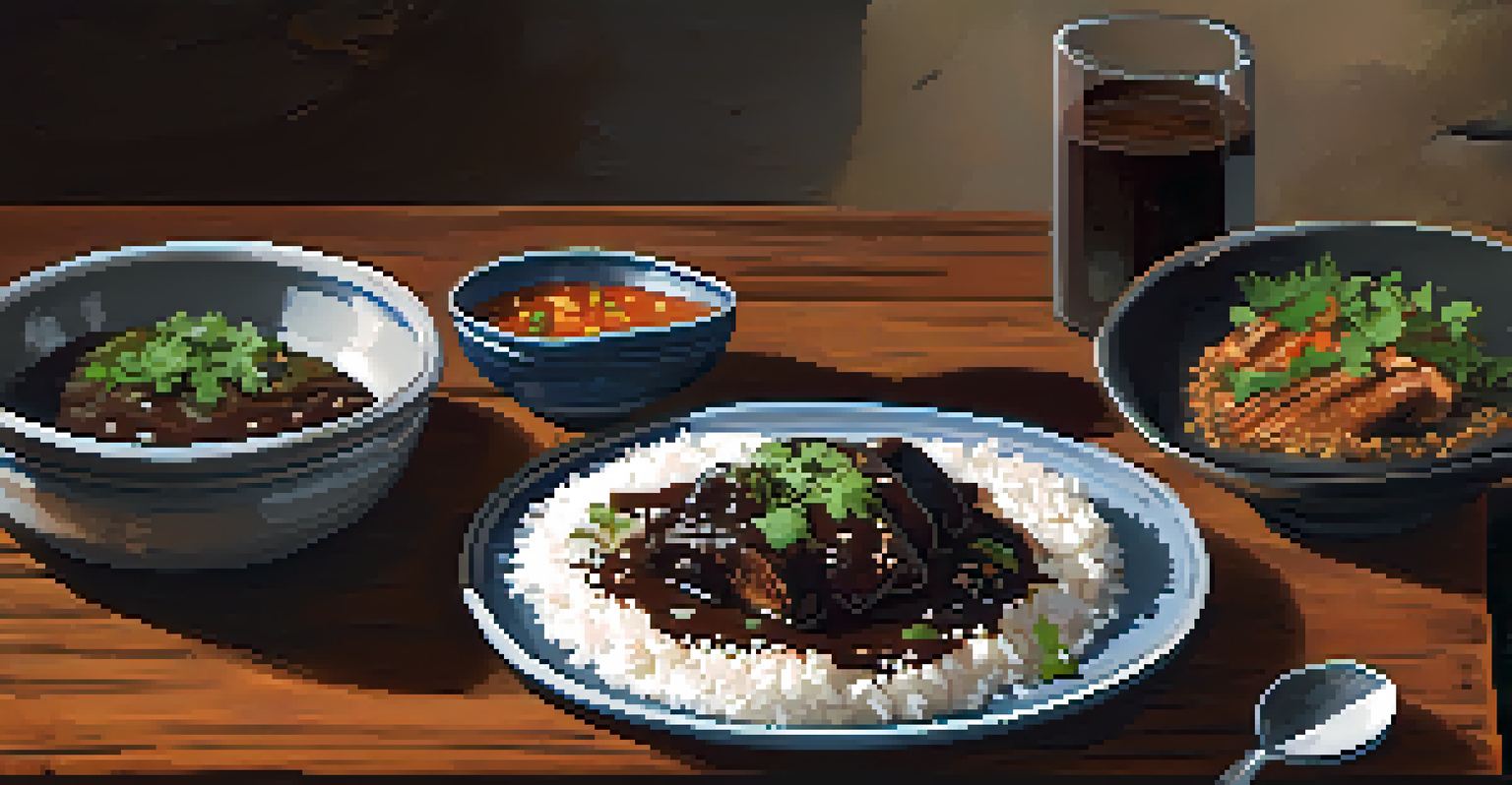A plate of Oaxacan mole with chicken, garnished with herbs and sesame seeds, served with rice and pickled vegetables on a rustic table.