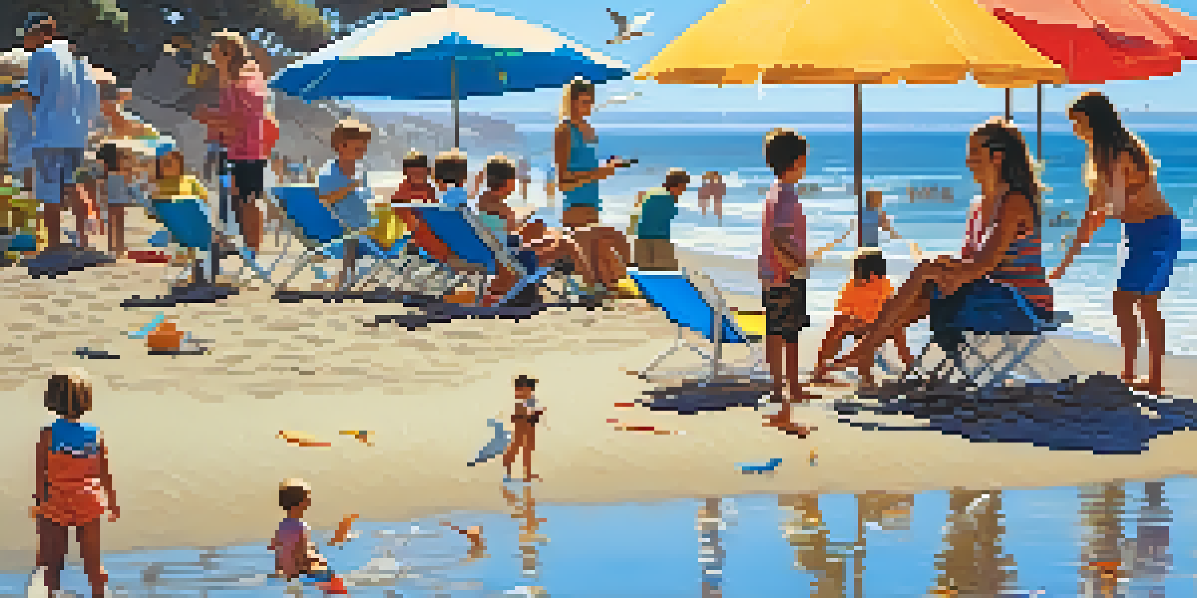 Families having fun at La Jolla Shores, with children playing in the sand and adults relaxing under umbrellas by the ocean.