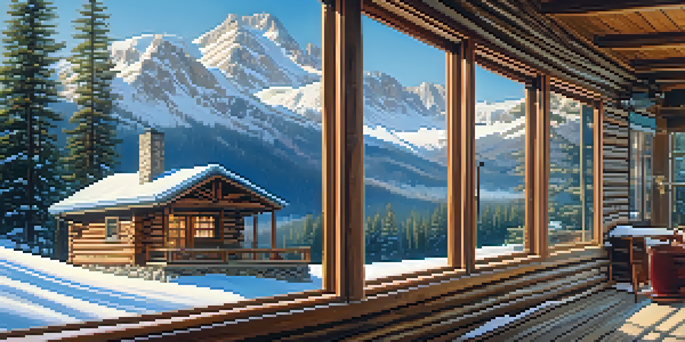 A warm and inviting mountain cabin in a snowy landscape, with snowflakes falling and a cup of coffee on the porch.