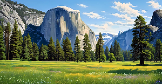 A panoramic view of Yosemite National Park with El Capitan and Half Dome in the background, climbers on the cliffs, and colorful wildflowers in the foreground.