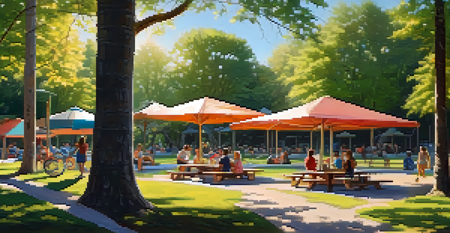 A family enjoying a picnic in a shaded area of an adventure park, with children playing nearby.