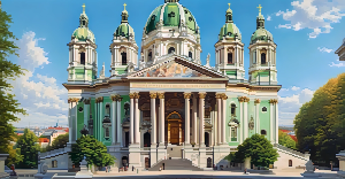 A wide view of St. Charles's Church in Vienna, with a prominent dome and detailed exterior, surrounded by greenery and under a clear sky.