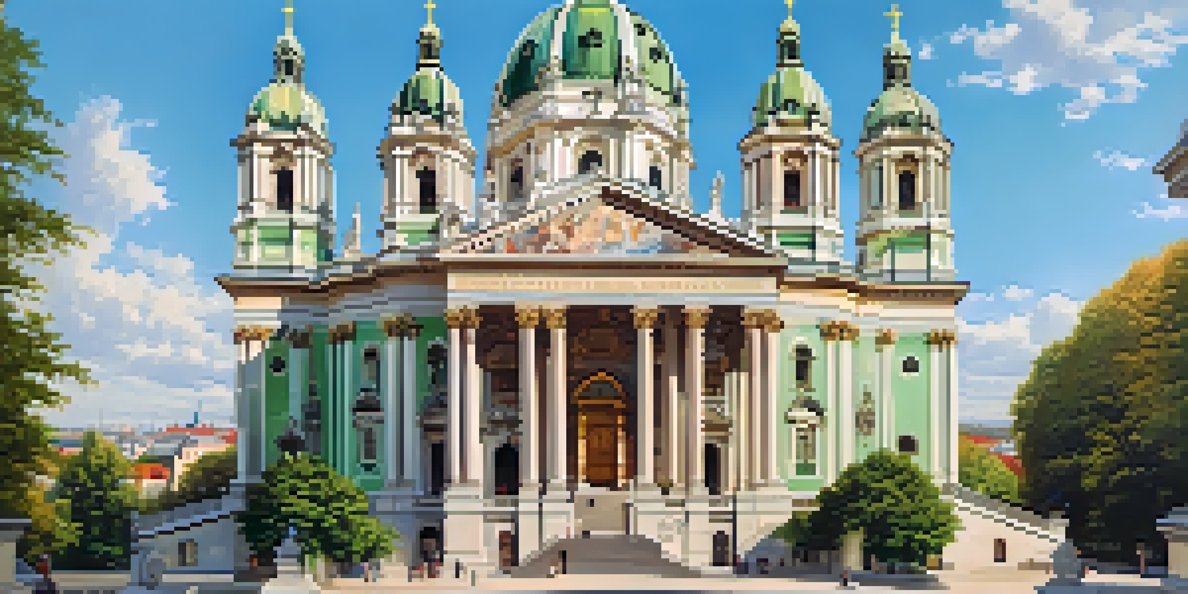 A wide view of St. Charles's Church in Vienna, with a prominent dome and detailed exterior, surrounded by greenery and under a clear sky.