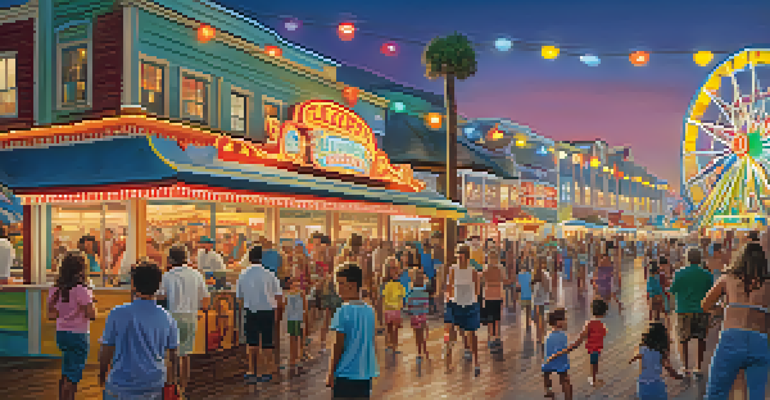 Families having fun at Myrtle Beach boardwalk, with children playing games and enjoying rides under colorful lights as the ocean glimmers in the background.