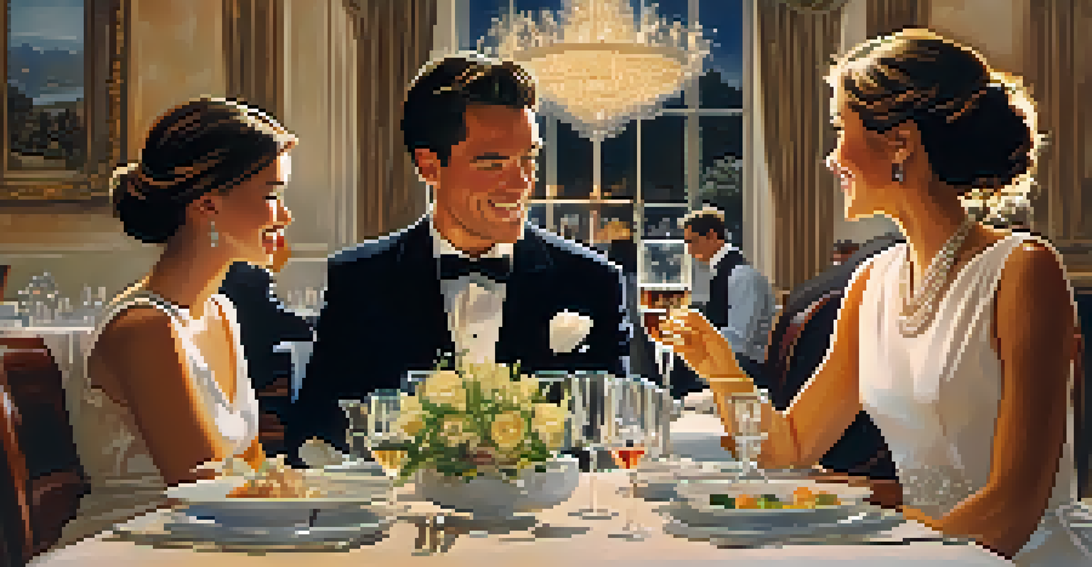 An elegant restaurant interior with a couple dining and a waiter serving food.