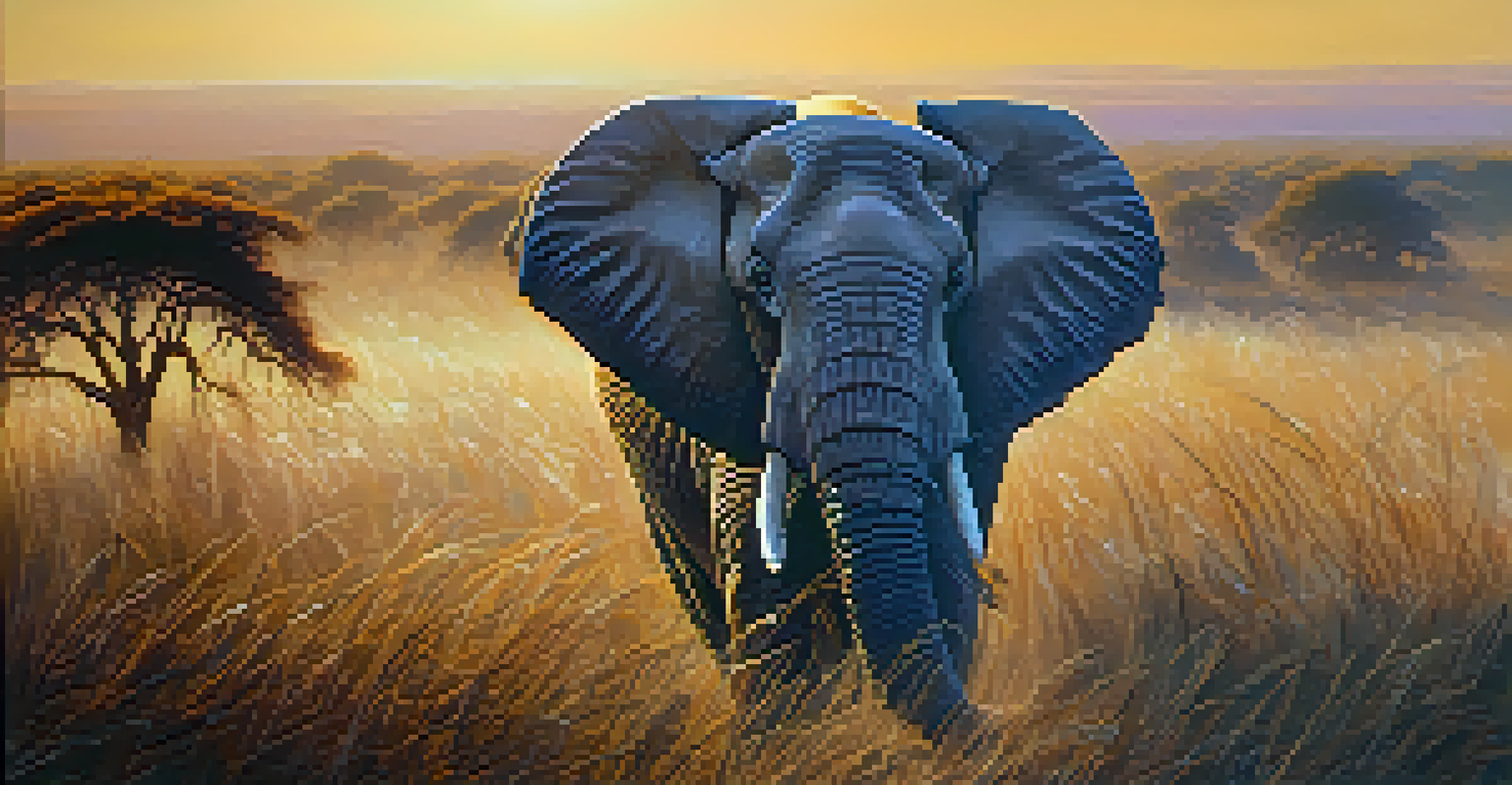 A close-up of an elephant in a sunlit savannah with acacia trees in the background.