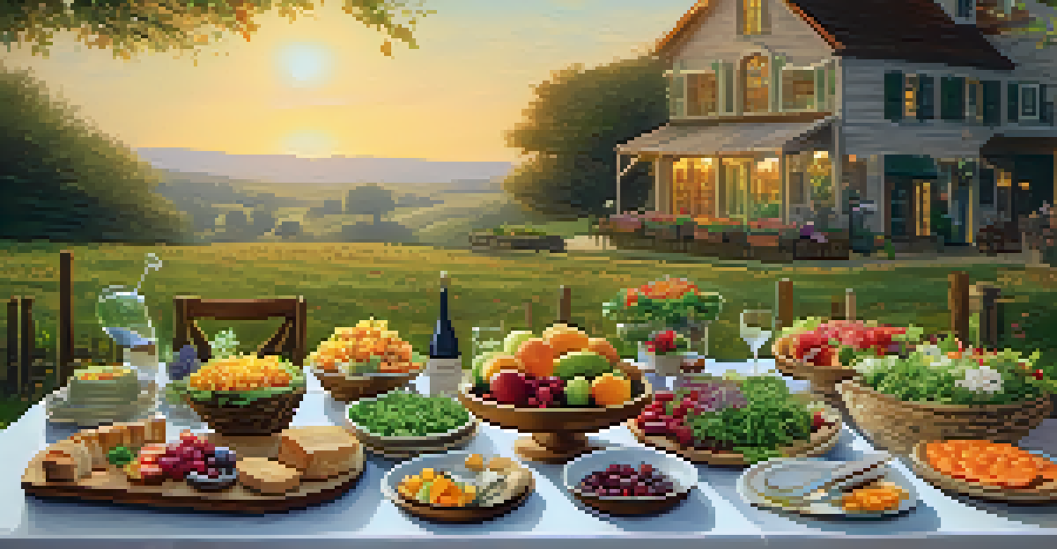 A beautifully set outdoor dining table featuring colorful dishes made from fresh, local ingredients, with a sunset backdrop.