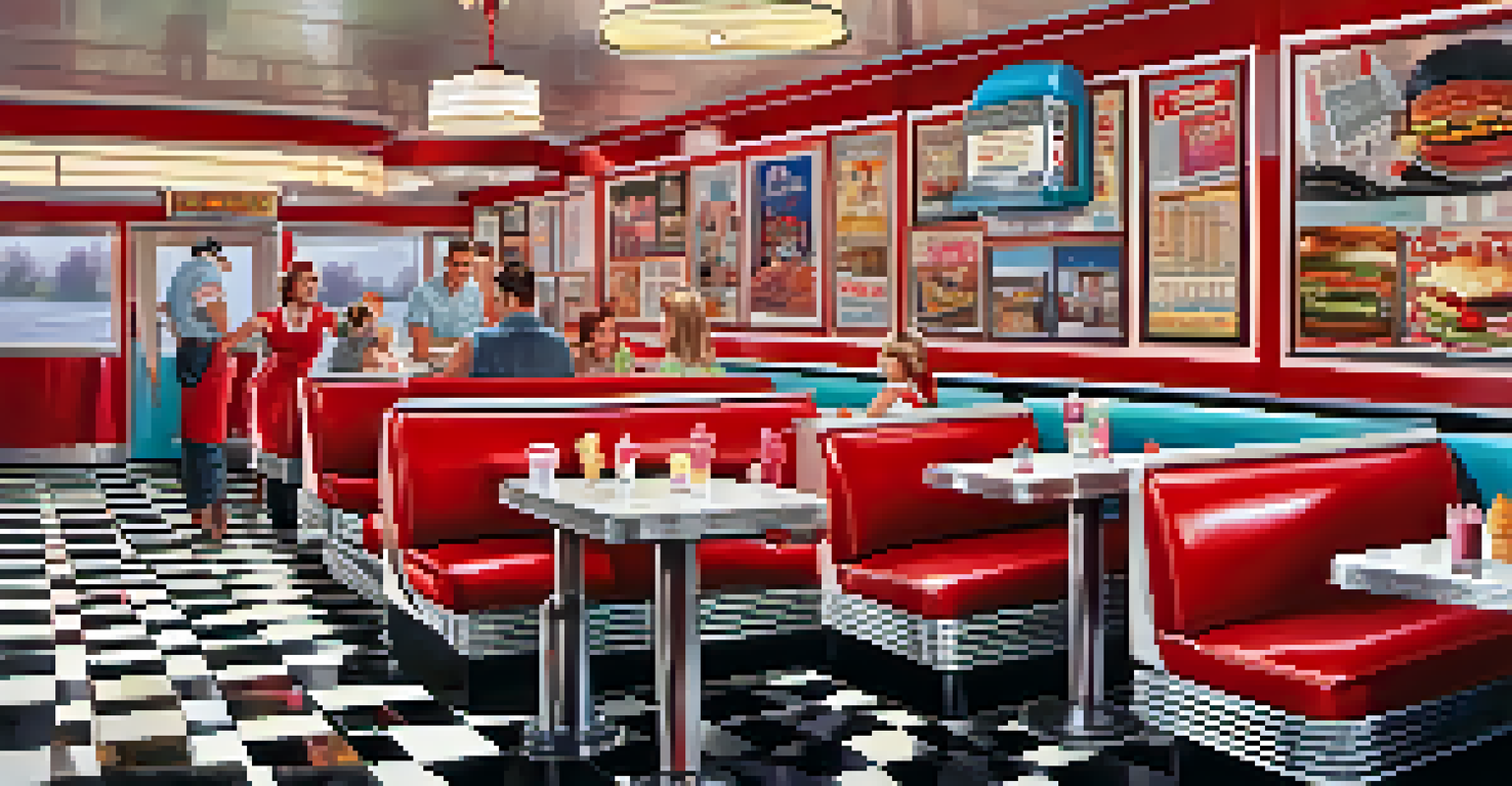 A family enjoying a meal in a retro American diner with colorful decor and a jukebox.