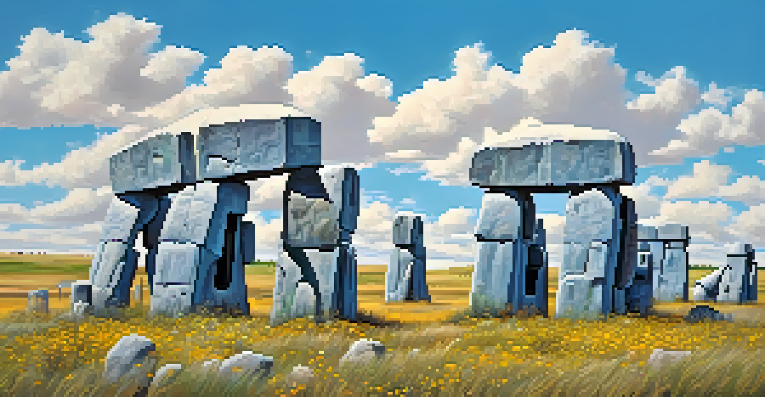 Carhenge, a stonehenge replica made of vintage cars, with tourists taking photos in a bright landscape.