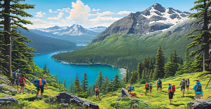 A picturesque landscape of the Pacific Northwest with people hiking through lush forests and mountains in the background.