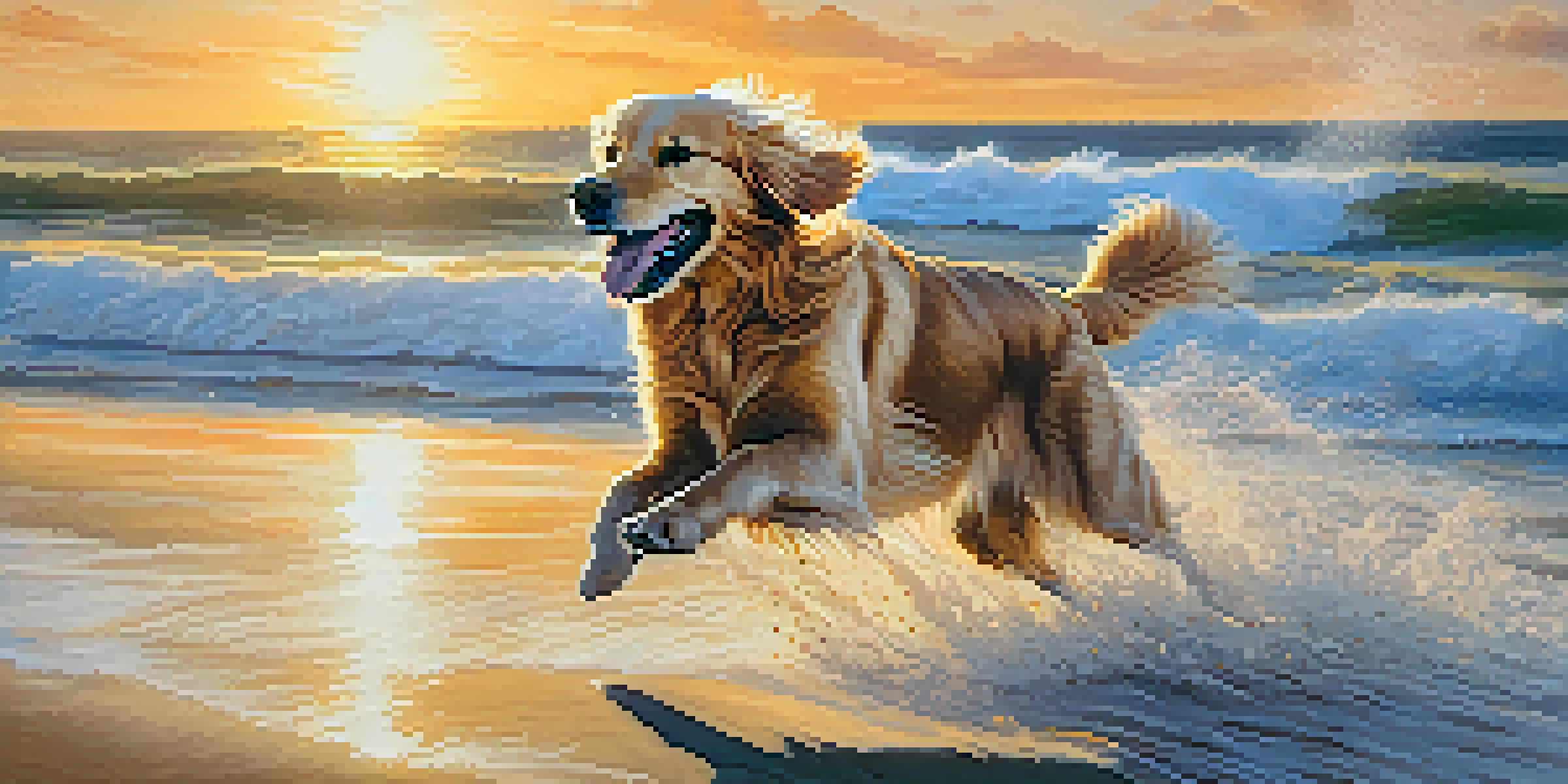 A golden retriever happily running on a beach during sunset, with waves and seagulls in the background.