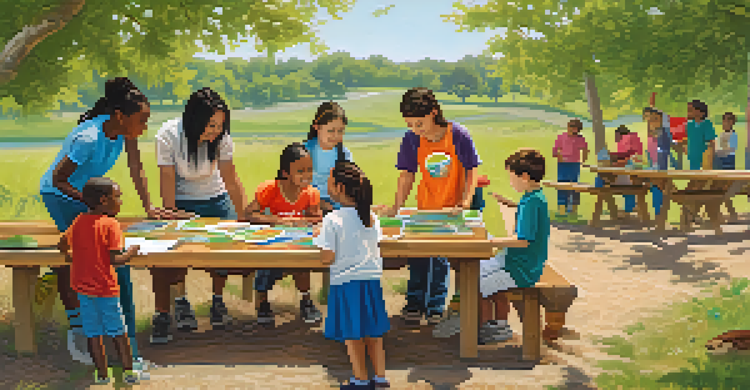 A volunteer conducting an environmental workshop for children outdoors, with educational materials on a table and trees in the background.